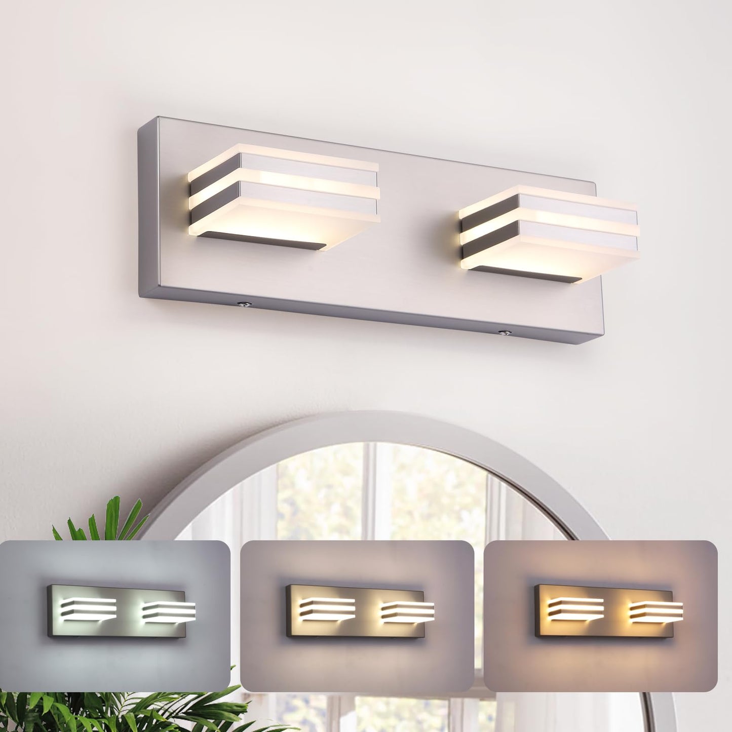 yumcrelect 2-Light, 12.6-Inch Wall Lights Brushed Nickel Vanity Lights for Bathroom Light Fixtures Adjust 3 Colors Modern Bath Lighing Fixture Over Mirror