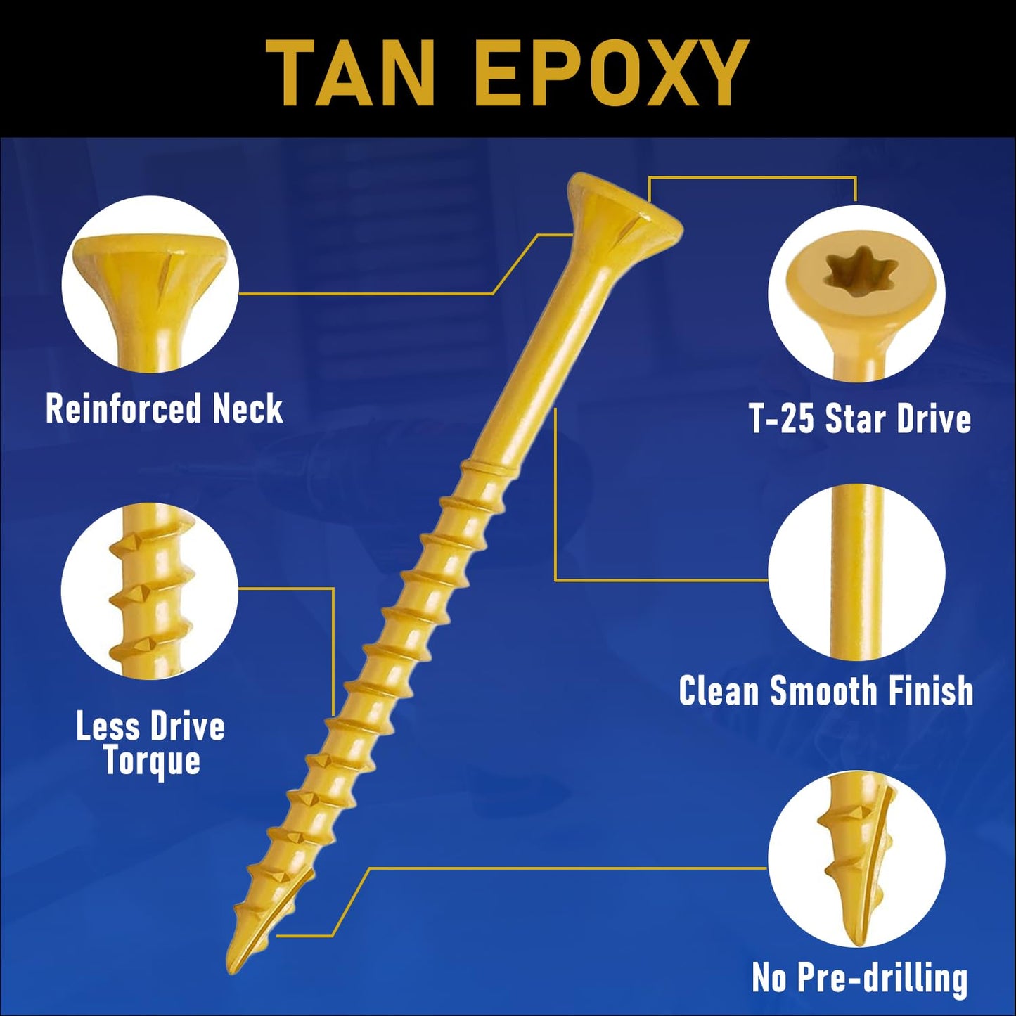 CAMNWAMN Deck Screws #8 x 2, 350 PCS, Wood Screws 2 Inch, Epoxy Coated, Rust Resistant Exterior Screws, Torx Drive Head, T25 Star Bit Included, Tan Outdoor Decking Screw for Wood Fence.