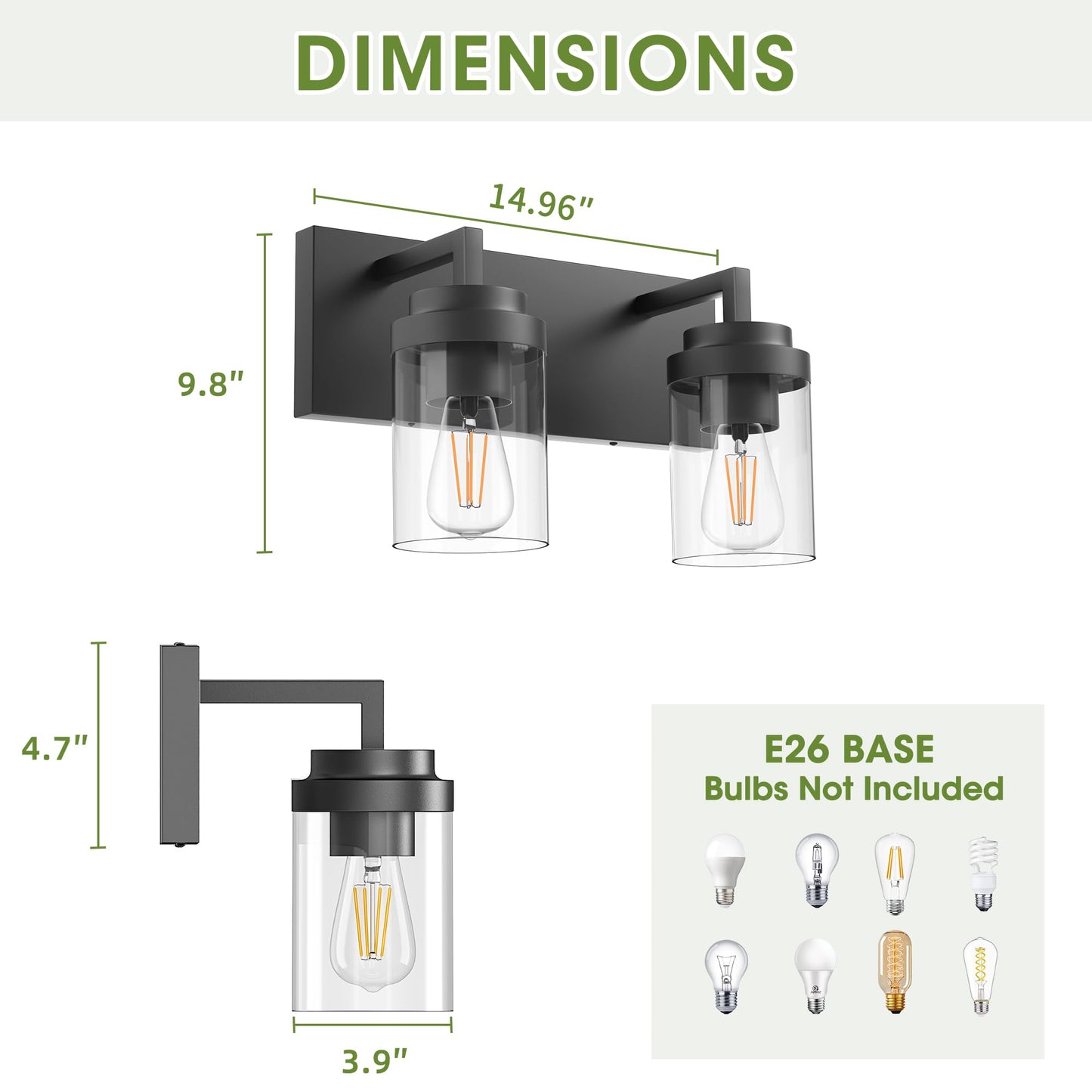 Espird Bathroom Vanity Fixtures  2 Light Matte Black Vanity Light With Clear Glass Shade  15In Farmhouse Wall Light  Lighting Fixture Over Mirror For Bathroom