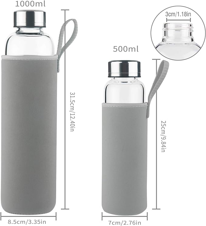 Borosilicate Glass Water Bottle, Sports Glass Drinking Bottle with Neoprene Sleeve and Stainless Steel Lid 16oz / 32oz (32oz, Blooming Branches)