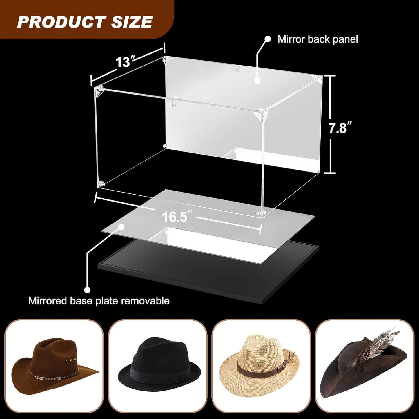 Clear Acrylic Display Case, Cowboy Hat Showcase, Panama & Tweed Organizer with Mirror Backplate & Base uv Protection and Transparency Memorabilia Collectibles(16.5*13*7.9inch,42*33*20cm)