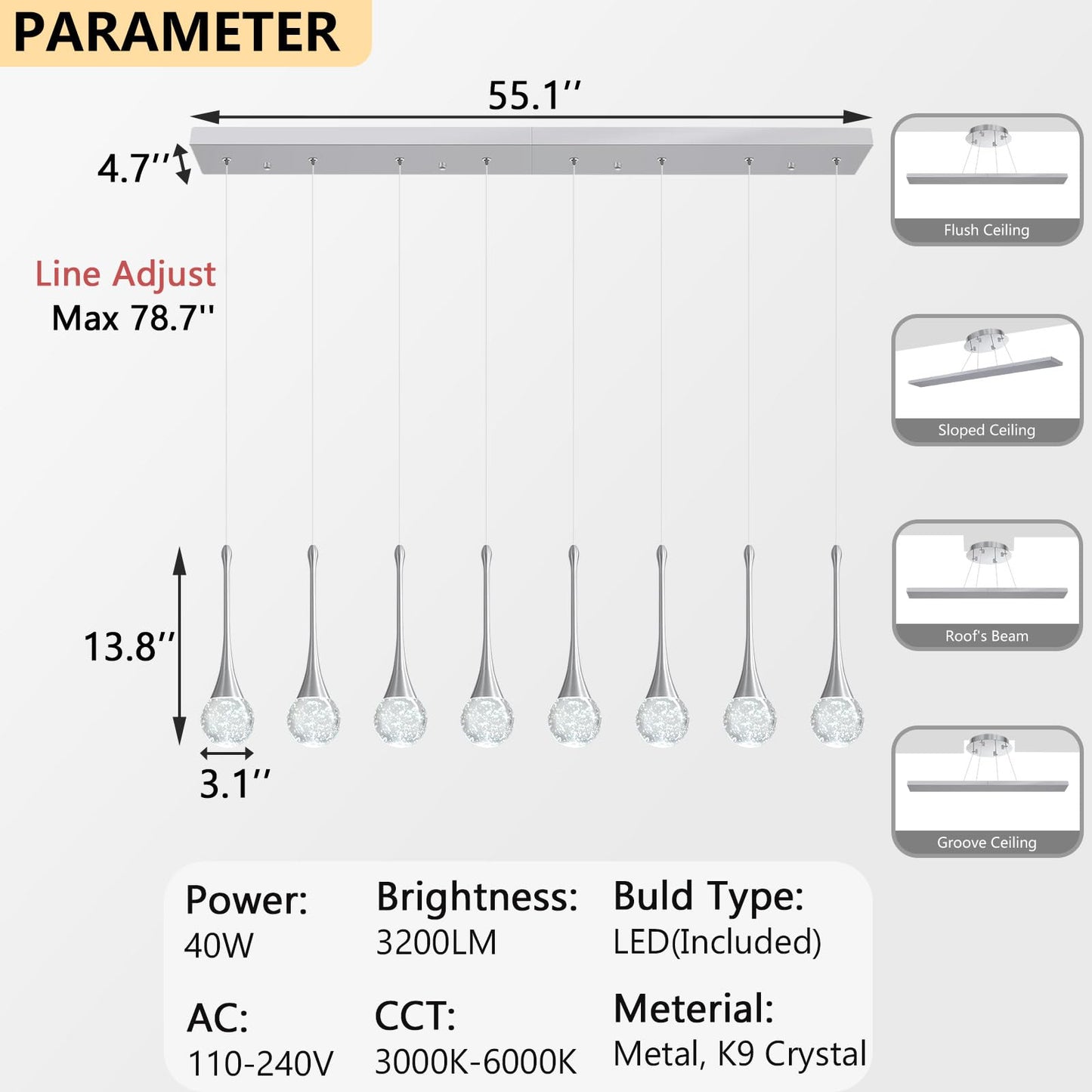 8 Light Modern Glam Crystal Rectangular Chandelier For High Ceiling Led Dimmable Ceiling Pendant Light Kitchen Island Staircase Foyer Enterway Living Room Chandelier Lighting Antique Silver