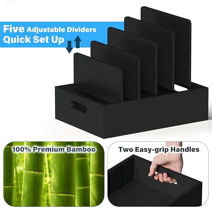 Bamboo Lid Organizers Inside Cabine, Lid Organizer Kitchen Cabinet with 5 Adjustable Dividers, Food Container Plastic Lids Organizer Holders for Drawer Pantry, Black