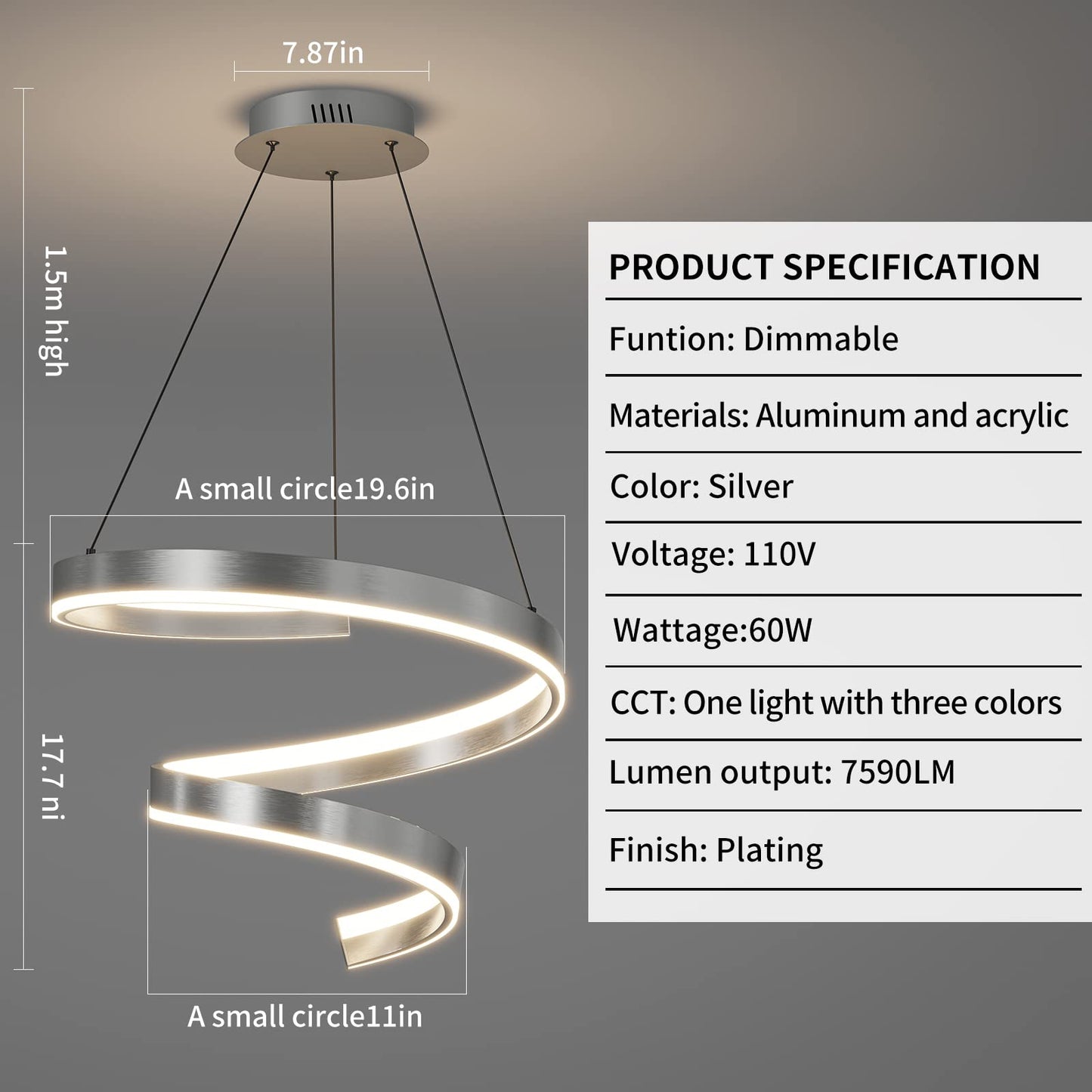 Mikeru Pendant Light with Remote Control, Dimmable 3000k-6500k, 19.6 Inch, D-Silver, Model 60