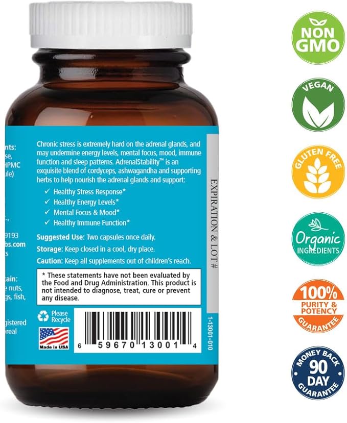 Adrenal Stability by Pure Essence - Adrenal Fatigue Supplement with Ashwagandha, Holy Basil, Supports Healthy Stress Response, Energy, Sleep (60 Caps)