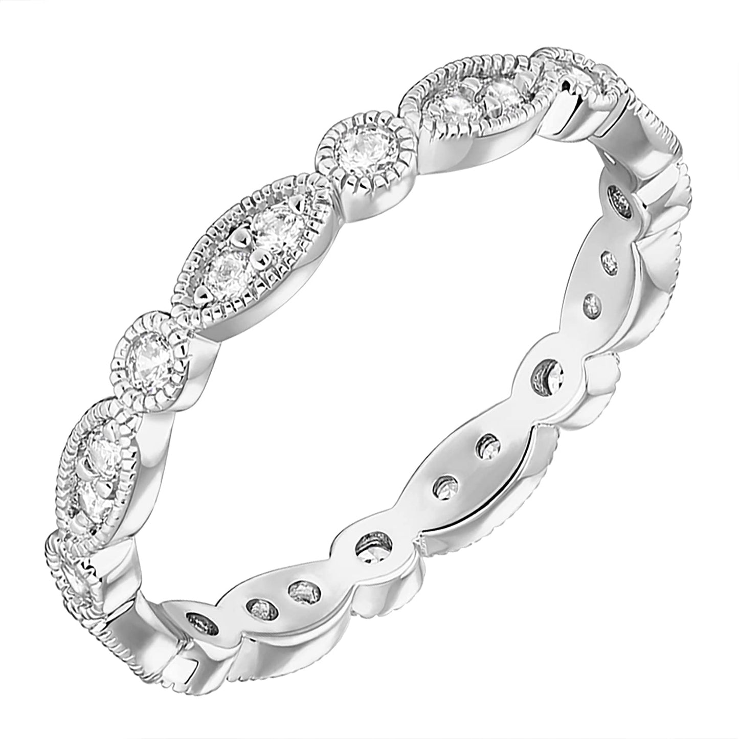 PAVOI 14K White Gold Plated Rings Cubic Zirconia Band | Round Milgrain Eternity Bands | White Gold Rings for Women Size 6