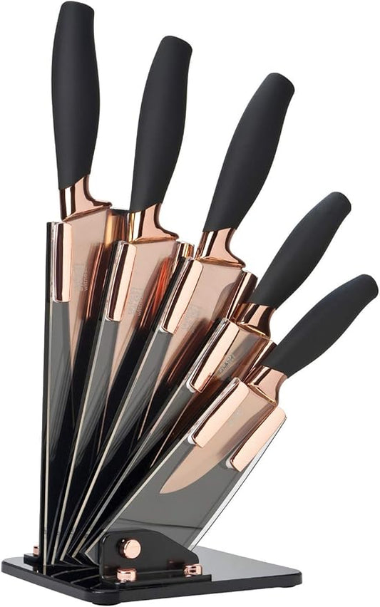 5pc Kitchen Knife Set & Block - Brooklyn by Taylors Eye Witness. Rose Gold Coloured Bolsters, Finely Ground Razor Sharp Titanium Coated Matching Blades. Soft Grip Handles. Modern Fan Shaped Holder.