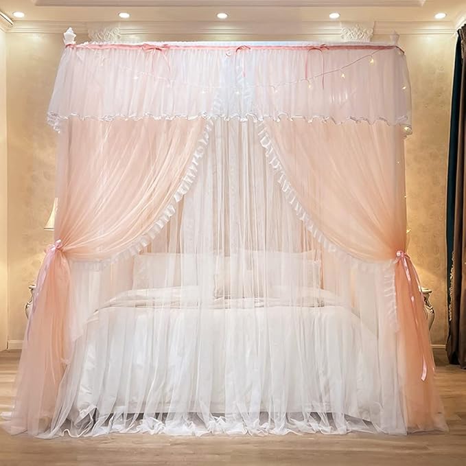 Mengersi Canopy Bed Curtains with Lights,4 Corner Bed Canopy Royal Luxurious Bed Drapes Netting,Princess Bed Curtains for Girls Adults Bedroom Decoration (Peach, Full)
