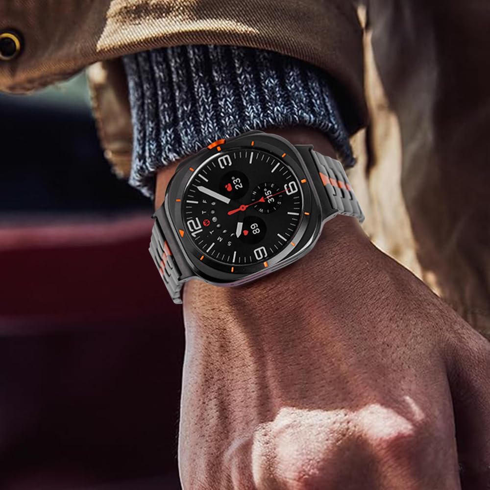 WONJOY Compatible with Samsung Galaxy Watch Ultra Band 47mm(2025/2024), Robust Men Stainless Steel Replacement Link Metal Bracelet (Black&Orange)