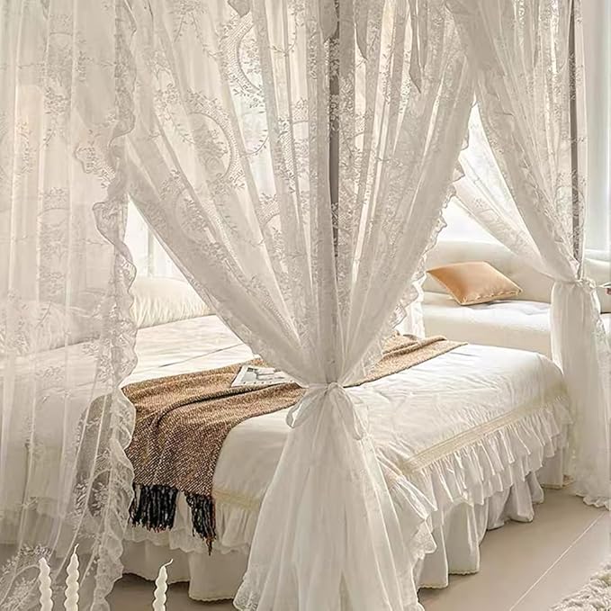 Elegant Lace Princess 4 Corner Post Mosquito Net Romantic for Girls Women Bed Curtain Canopy for Adult Wedding Bedroom Kids Rooms Decoration (Color-A, King)