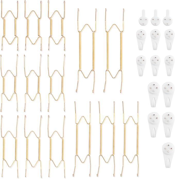 Bilillo 14 Pieces Plate Hangers for Wall - 6/8/10/12/14 Inch Invisible Plates Hanger, Stainless Steel Plate Holders with 14 Pieces Wall Hooks for 5.5 to 16 Inch Decorative Plates and Arts (Gold)