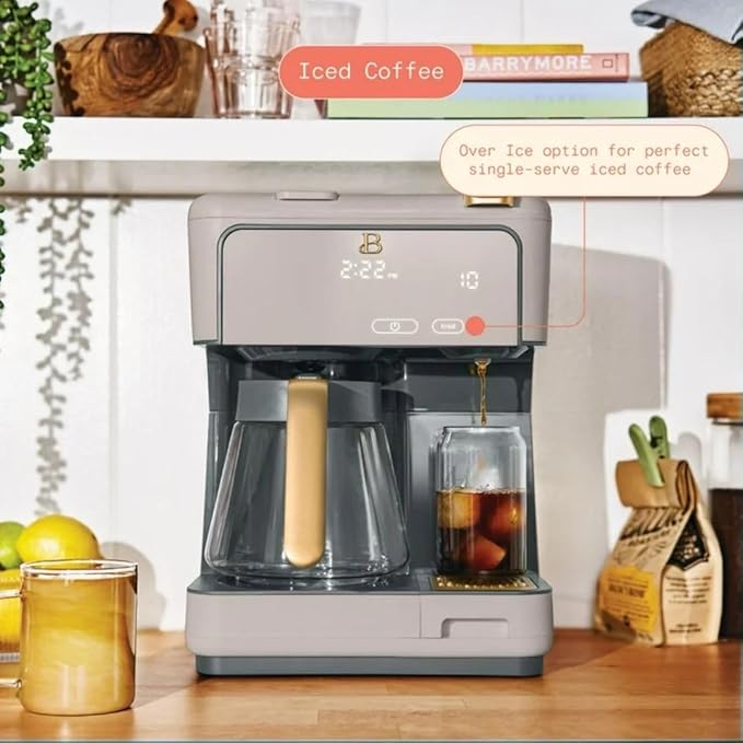 Beautiful by Drew Barrymore Multi-Brew Coffee Maker, 12-Cup Carafe + Single-Serve, Pods or Grounds, Over Ice, Touch Display. (Porcini Taupe)