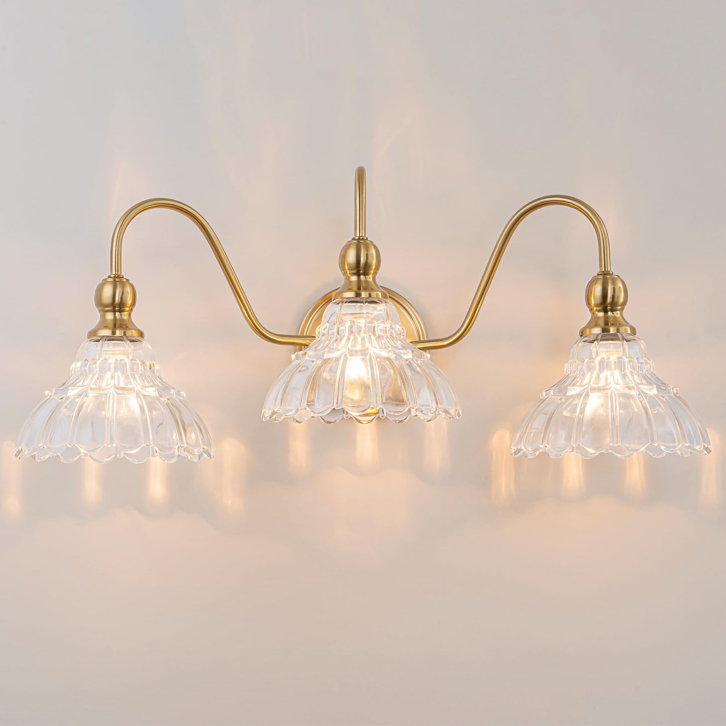 Brknit Vintage Bathroom Light Fixtures Over Mirror  3-Light Brass Wall Sconce Lighting With Flower Glass Shade  Farmhouse Vanity Lights For Bedroom Kitchen Living Room Hallway Light