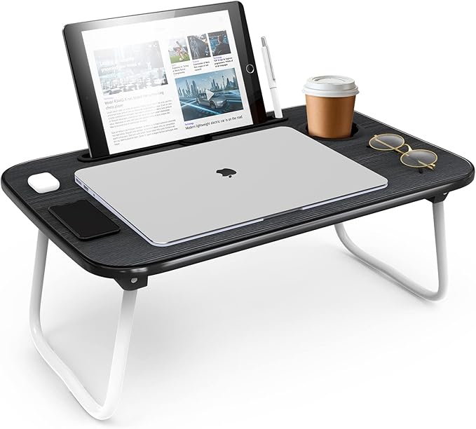 Nestl Reading Pillow with Portable Lap Desk Stand for Laptop 22x14”, Cut Plush Striped Back Pillow, Back Support Pillow, Shredded Memory Foam Bed Rest Pillow with Arms for Kids & Teens, Medium - Navy