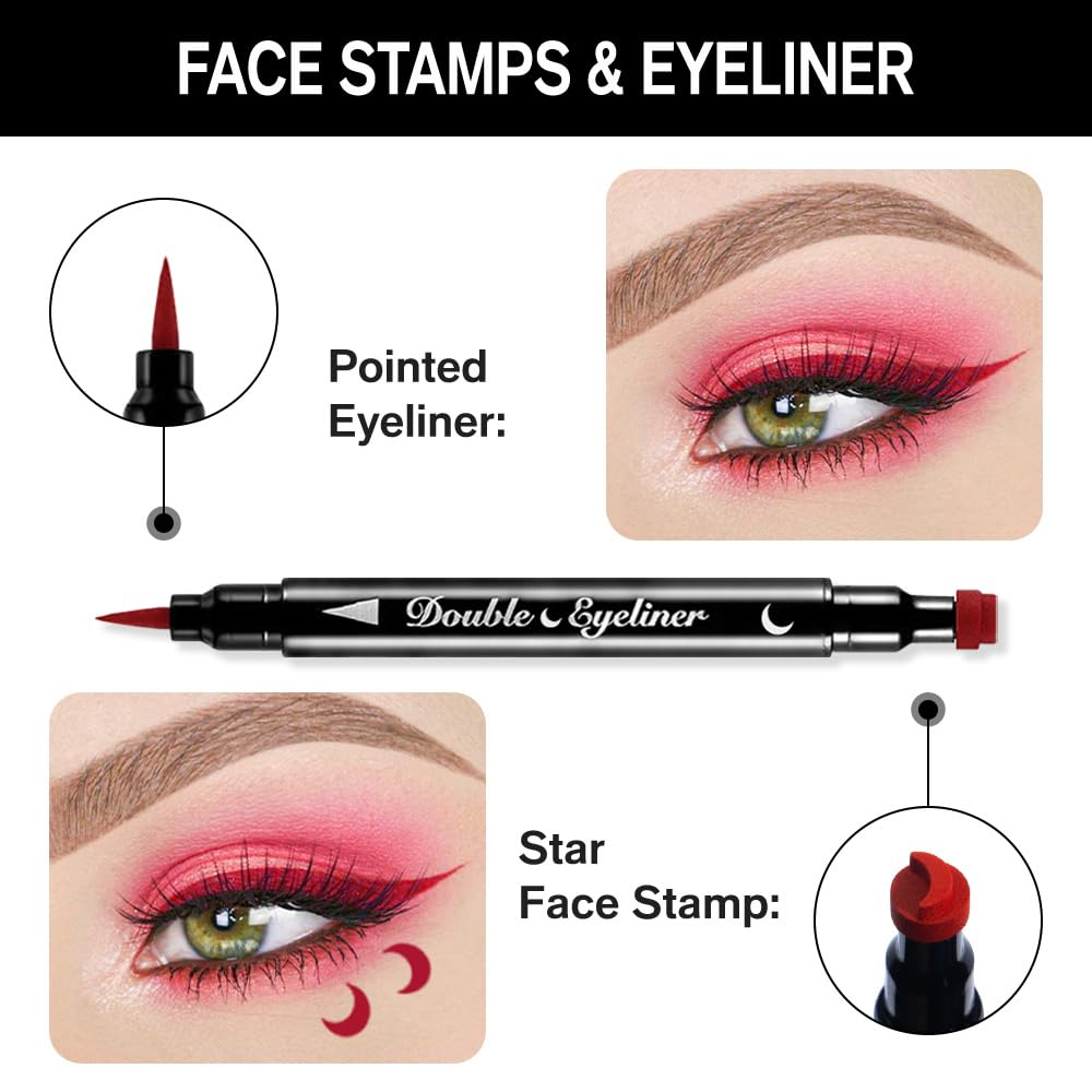 evpct 1Pcs 2-in-1 Red Colored Winged Eyeliners Stamp, Red Moon Face Stamps Makeup, Waterproof Eyeliner Eye Stamp Liners Tool Set