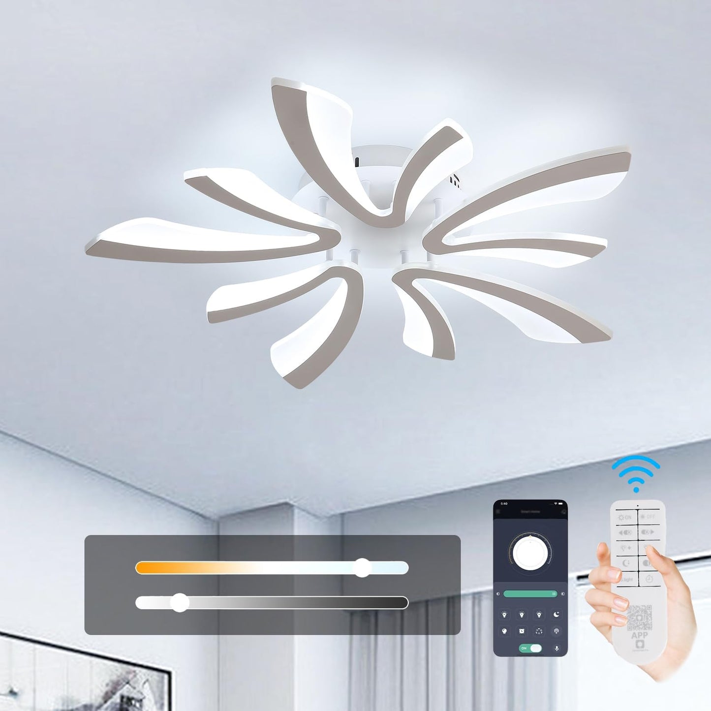 Goeco Ceiling Light, Dimmable LED Flush Mount, 27.5in , White Acrylic, 5-Head V Shape, Model 30916506