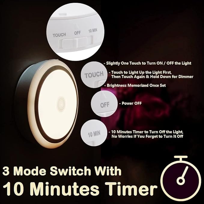 Rechargeable Touch Light with Timer, Dimmable Kids Baby Nursery Night Light Lamp, Stick-on Anywhere LED Push Tap Light for Closet Cabinet, Brightness Memory, Warm White Light