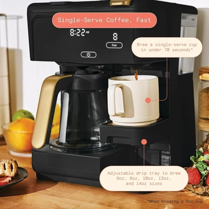 Beautiful by Drew Barrymore Multi-Brew Coffee Maker, 12-Cup Carafe + Single-Serve, Pods or Grounds, Over Ice, Touch Display. (BLACK SESAME)