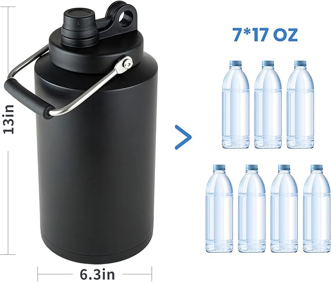 1 Gallon Water Jug Bottle Insulated, 128oz Stainless Steel Water Bottle Jug Wide Mouth Double Vacuum Dishwasher Safe BPA Free for Hot & Cold Drinks Black