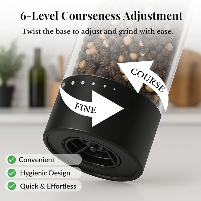 Electric Salt and Pepper Grinder Set - Automatic 3A Battery Pepper Mill Shakers - Upgraded Adjustable Coarseness with Led & Large Capacity - Built-in LED Light - 2 Pack