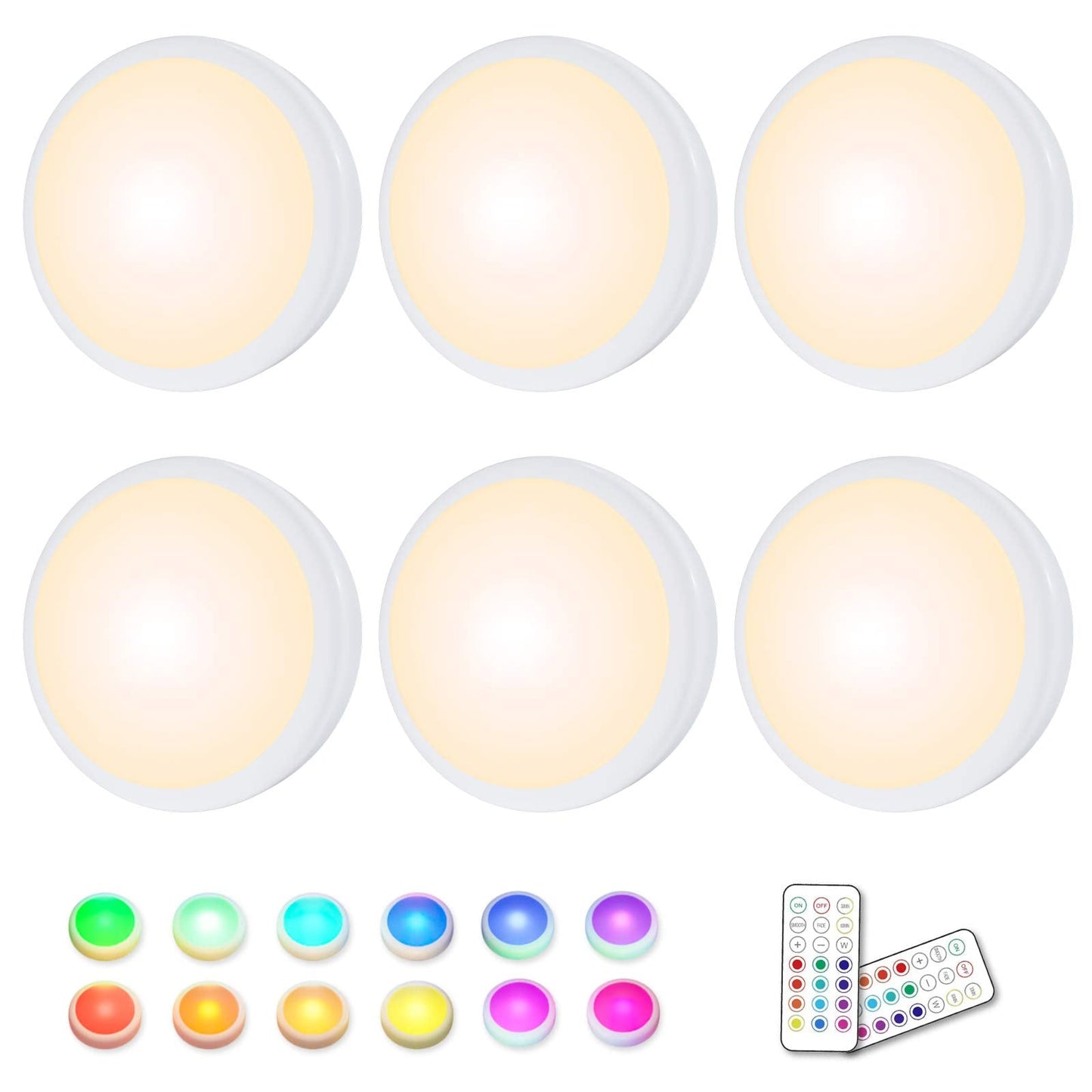HELPLEX LED Puck Lights 16 Colors Dimmable Battery Powered Mini Night Light with 2 Remote Controls, 6 Pack, No Battery Included