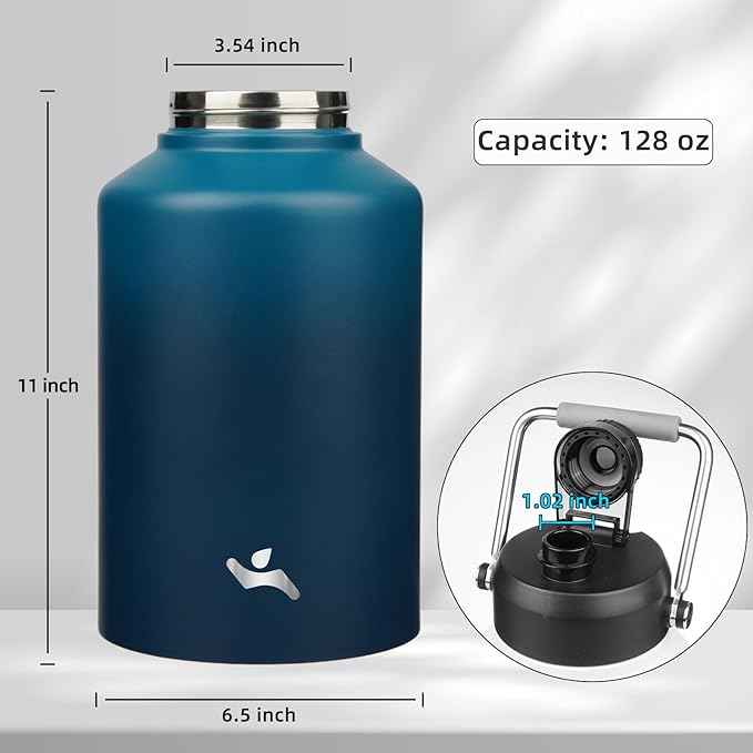 1 Gallon Jug with Handle,128 oz Insulated Water Bottle with Carrying Pouch, Double Wall Vacuum Stainless Steel Metal Bottle,Indigo Black
