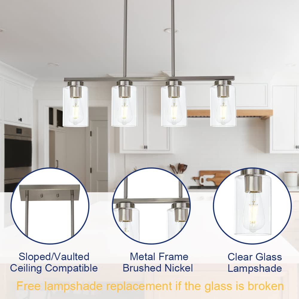 TODOLUZ Modern Kitchen Island Light, 4-Lights, Clear Glass Shades, Metal, Brushed Nickel
