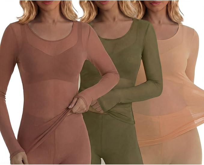 Shihanee 3 Pcs Ultra-Thin Seamless Elastic Thermal Inner Wear Tops for Women Thermal Undershirt Stretch Warm Underwear Set