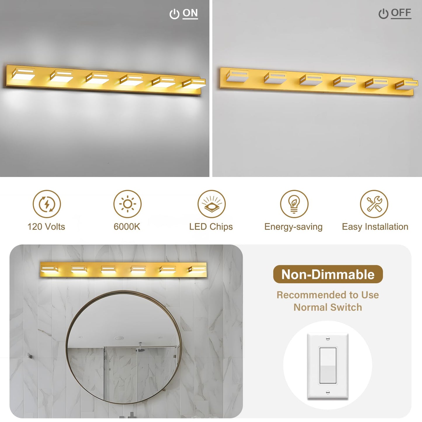 Donrao 48-Inch 6-Light Led Modern Gold Bathroom Vanity Light Fixtures Over Mirror  Bathroom Lighting Fixtures With Cool White 6000K  Vanity Wall Lights For Bath Restroom Powder Room