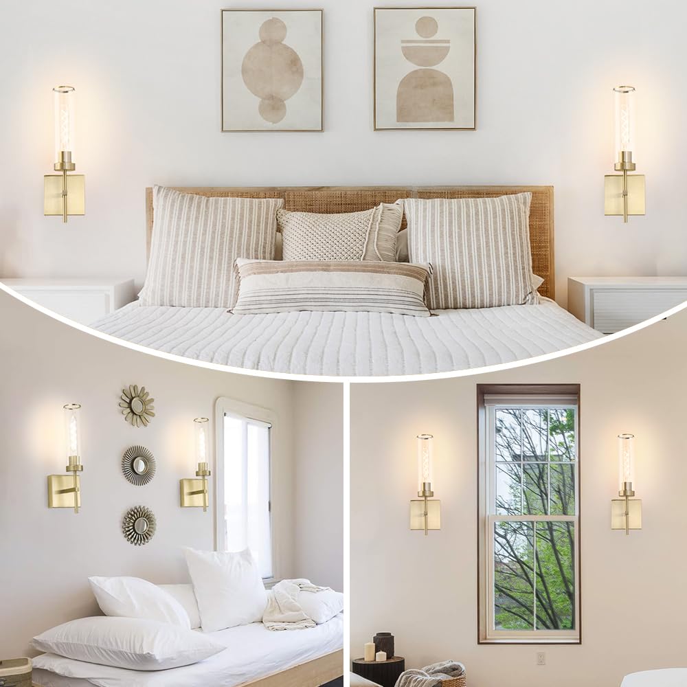 DSMJFU Gold Battery Operated Wall Sconce Set of 2, USB Rechargeable, Dimmable Glass Light Fixture, 15.94in, Model DX23082G1-CL-