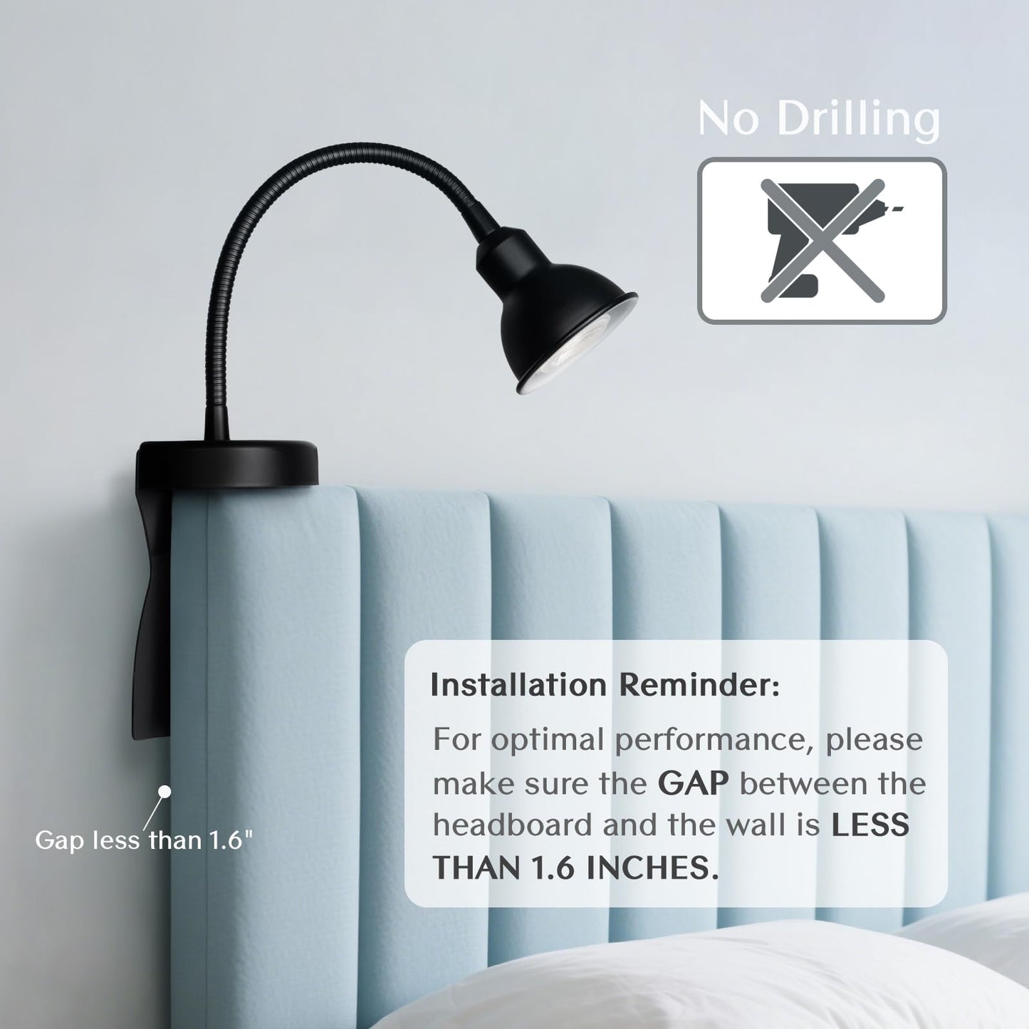 Solfres Innovative Design Headboard Reading Light. No Drilling Golden Book Light For Bedtime Reading. Dimmable Led Book Reading Lamp With Bulb. Movable & Flexible  Black