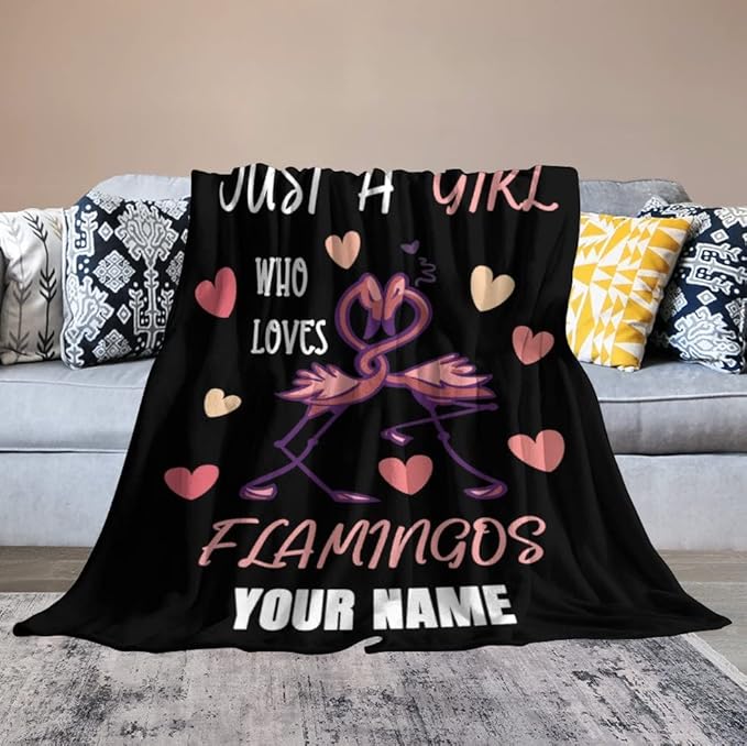 Custom Flamingo Throw Blanket Gifts with Name - 60 x 80 Inches Funny Throws for Adults - Black Fluffy Comfort Furry Blankets for Bed