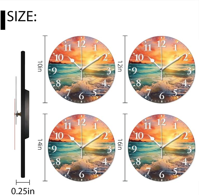 Beach Wall Clock Non-Ticking Silent Clocks Battery Operated Analog Decor Clock for Home-Beautiful Sunset Over The Ocean with Waves Crashing On The Shore(16inch)