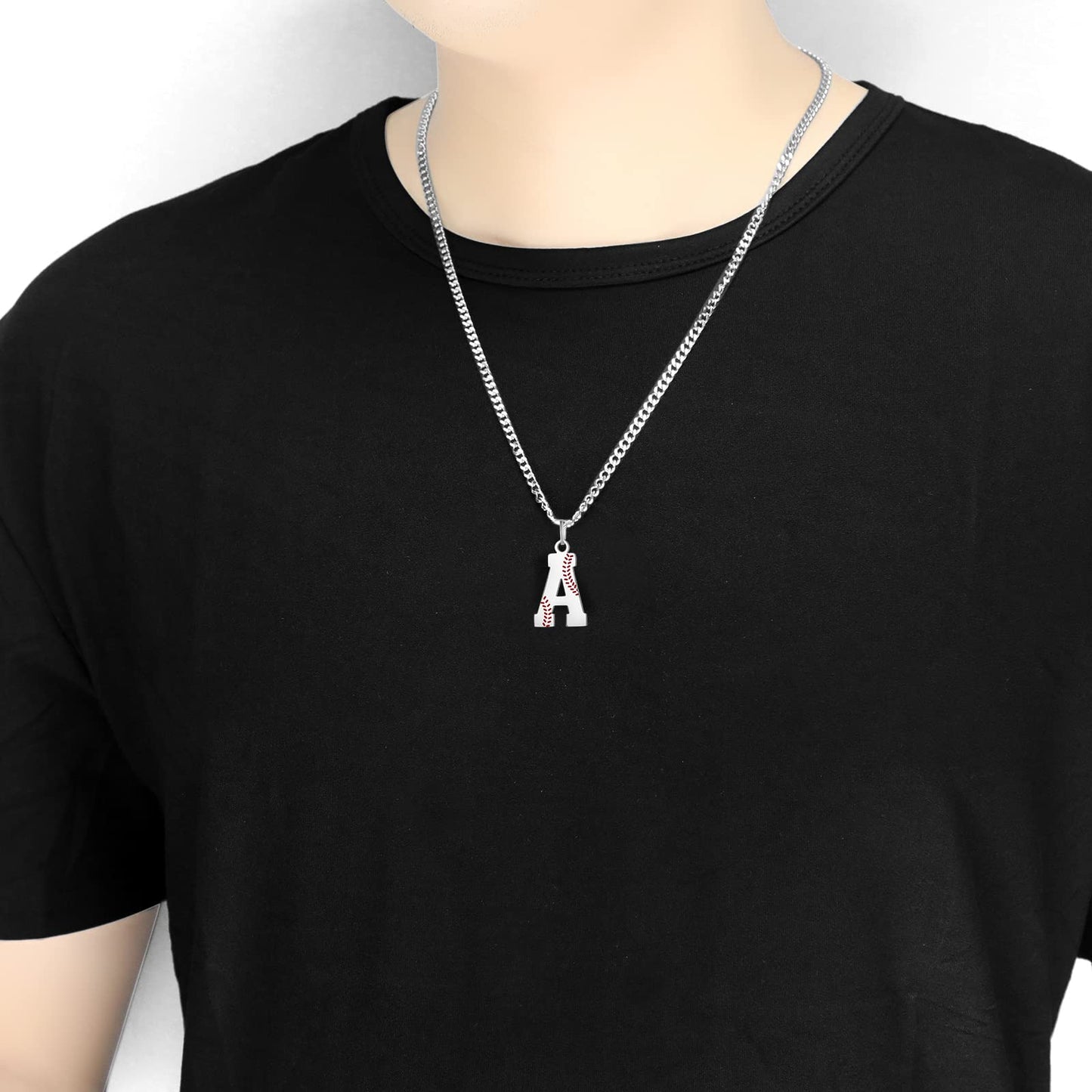 AIAINAGI Baseball Initial A-Z Letter Necklace for Men Baseball Charm Pendant Stainless Steel Silver Chain 22inch Personalized Ba