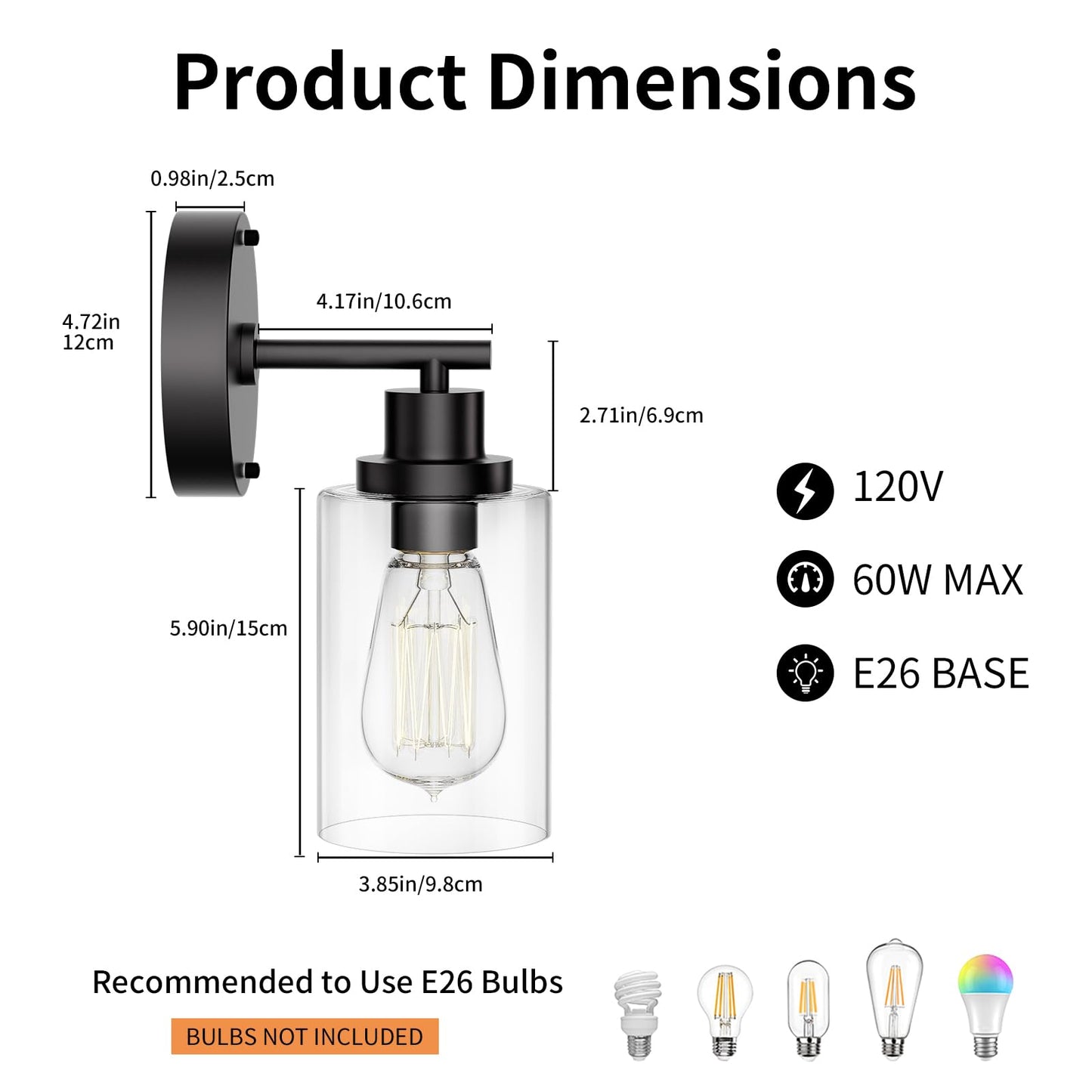 Buthy Bathroom Wall Sconces Set Of Two: Black Vanity Light Fixtures With E26 Base Led Cordless Indoor Wall Mount Lamp For Mirror Bedroom Hallway Stairway Modern Decor Lighting
