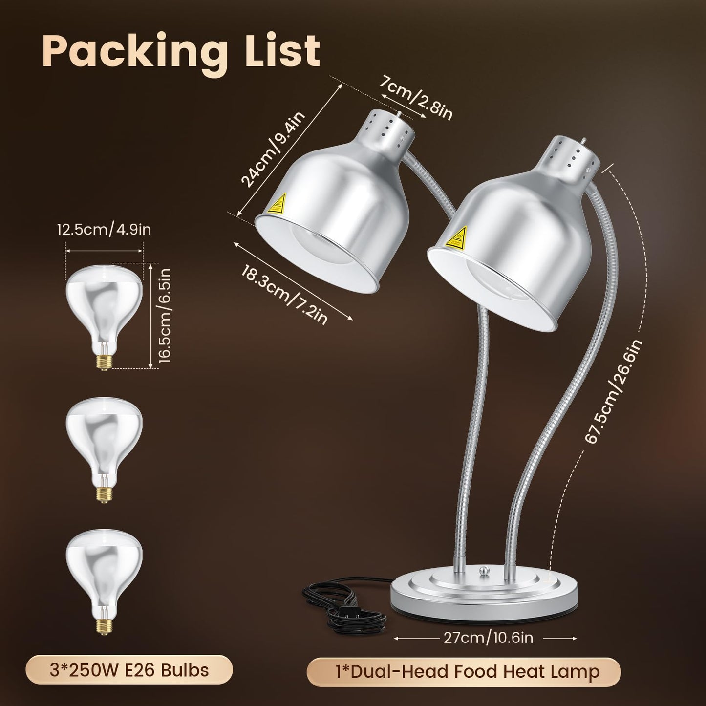 BOEASTER Food Heat Lamp, 500W Dual-Head Stainless Steel Commercial Food Warmer Lamp with 540° Rotation & 3Pcs Bulbs, Portable Warming Light for Restaurant Kitchen Buffet Counter Party Catering