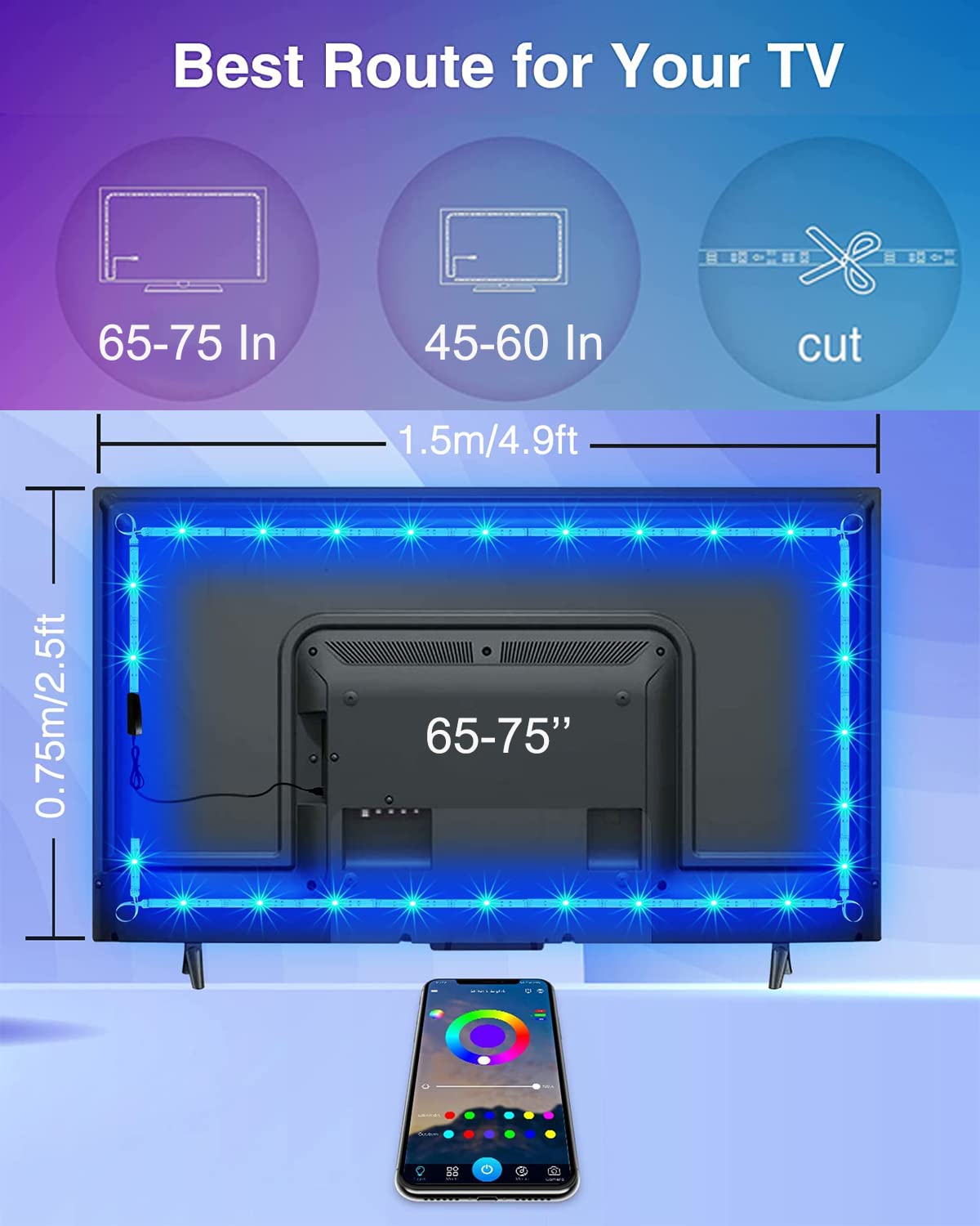 Gupup Led Backlight For 55-75 Inch Tv, Multicolor Usb Lights, 15 Ft With Remote, Model Wfds023