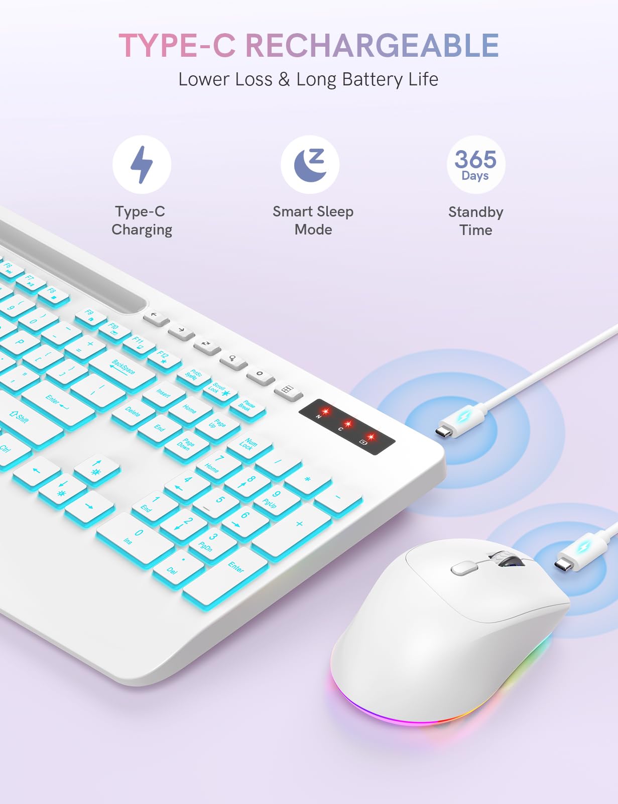 Wireless Keyboard And Mouse Combo With 7 Colored Backlits, Wrist Rest, Rechargeable Ergonomic Keyboard With Phone Holder, Silent