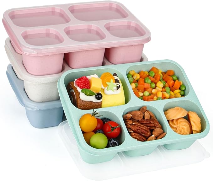 Bento Lunch Boxes - Reusable 5-Compartment Food Lunchables Containers, Snack Boxes For Adults Container for School, Work, and Travel, Set of 4 (Wheat)