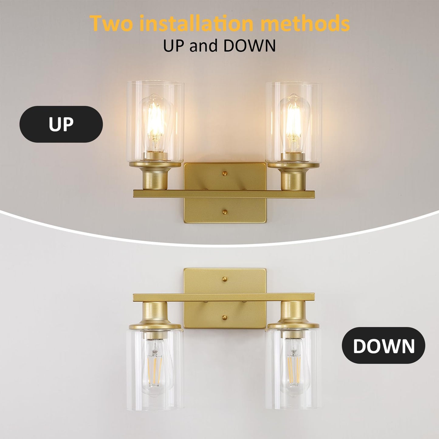 Litaddscen 2-Light Gold Bathroom Vanity Light Bathroom Light Fixtures Over Mirror With Clear Glass Shade Modern Wall Sconces Lighting For Kitchen Living Room Cabinet Hallway