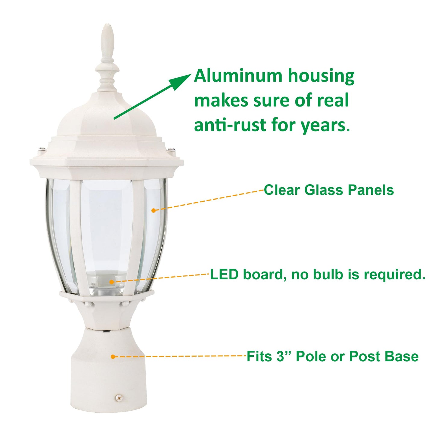 LIT-PaTH LED Outdoor Post Light, 9.5W 800 Lumens, 5000K Daylight White, Aluminum, Matte White Finish, Model LT-PL00150K