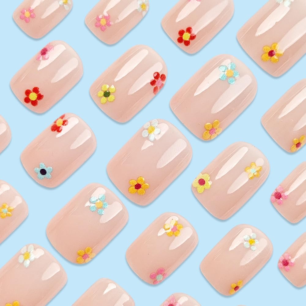 MRSCOL Press on Nails,Oval Press on Nails with 3D Multi-colored Flowers Design,Short Reusable 24pcs Nail Kit with Glue