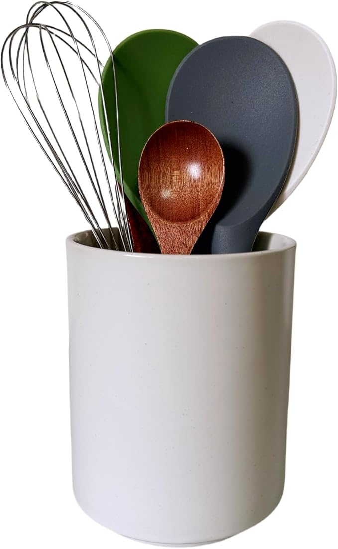Short Kitchen Utensil Holder for Kitchen Counter Cooking Utensil Holder for Countertop Spatula Holder Small Utensil Crock Cutlery Holder Silverware Caddy Flower Vase (White)