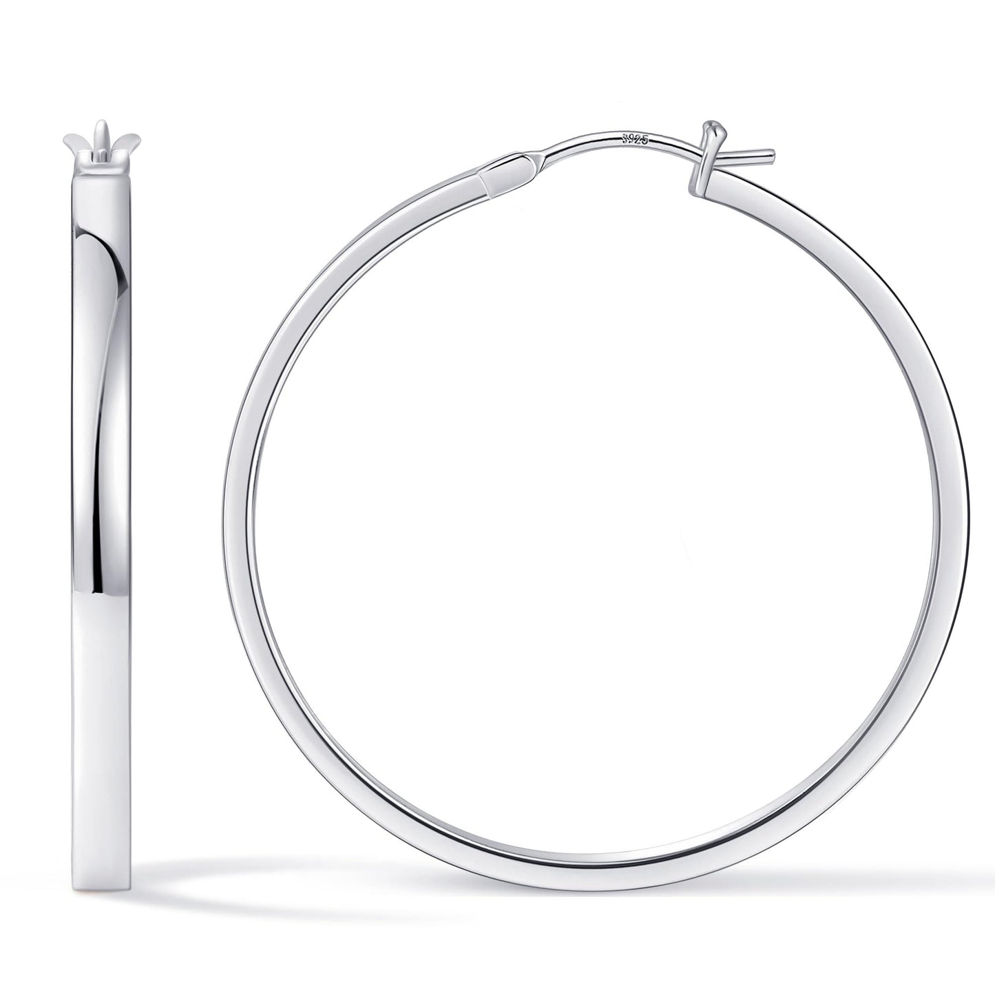 Gacimy Silver Hoop Earrings for Women, 14K White Gold Plated Flatted Hoops with 925 Sterling Silver Post, 40mm Medium Earrings f