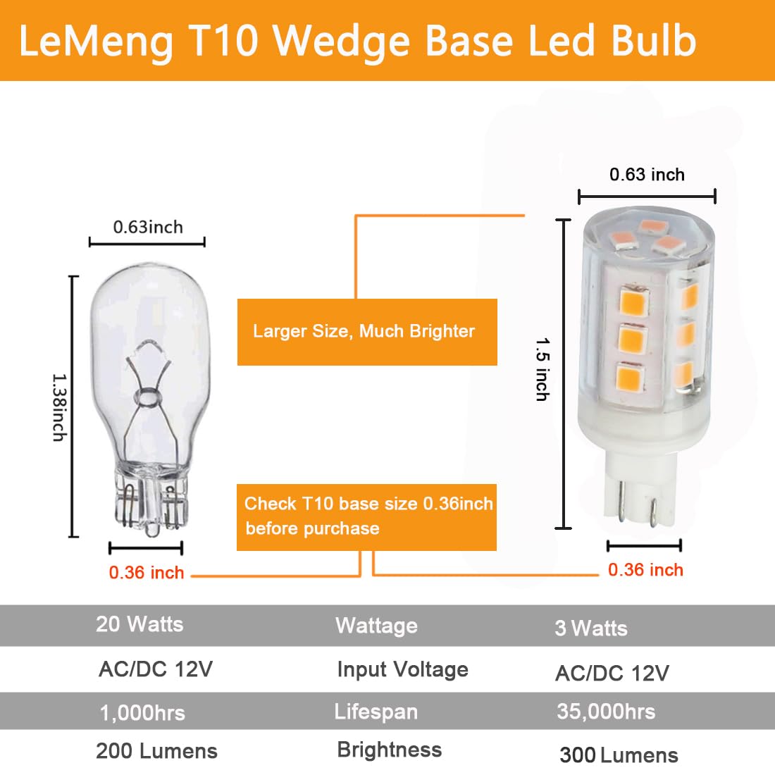 Lemeng 3W T10 Wedge Base 921 Led Light Bulb 2700K Warm White 12Vac/Dc Landscape Garden Patio Path Driveway Malibu Automotive Car Rv Camper Trailer Motorhome Marine Boat Dome Fixture Lighting-6 Pack