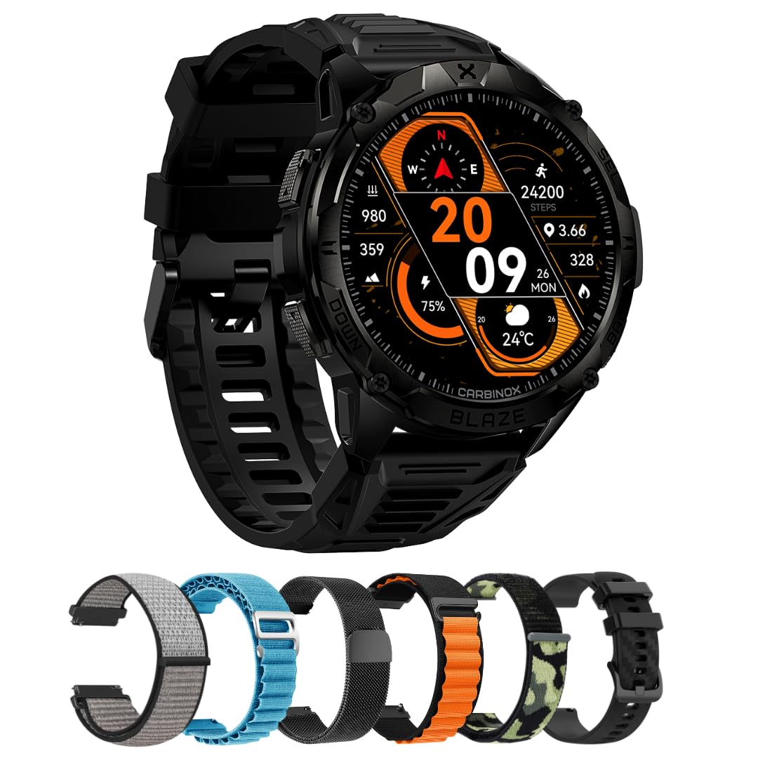 CARBINOX Blaze Smart Watch with 6 Pack Bands 22 mm GPS, Rugged Fitness Tracker Waterproof IP69K, Compatible with Android and iOS, 170+ Sports Modes, Make/Receive Calls (Round)