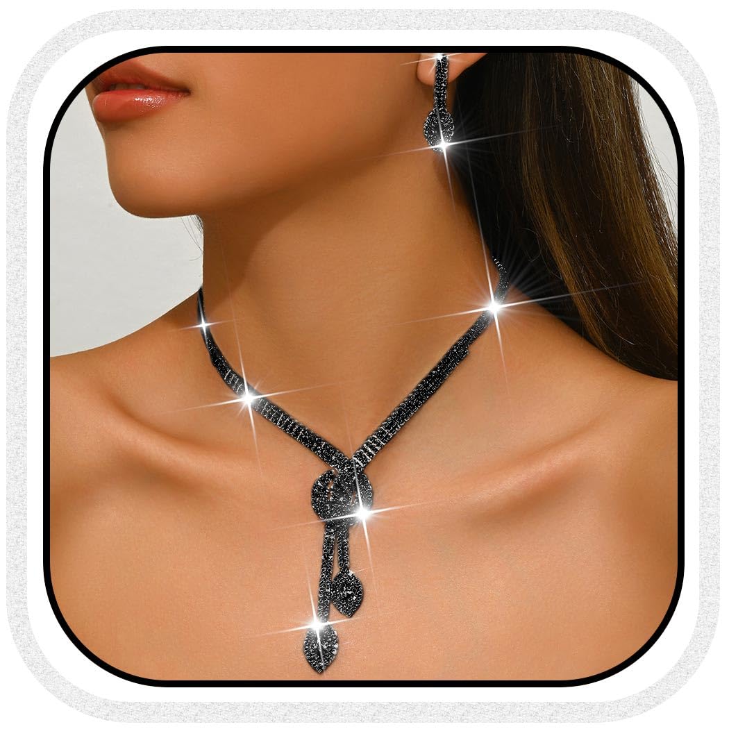 Unicra Black Rhinestone Bridal Wedding Jewelry Set Crystal Necklace Earrings Sets Formal Prom Costume Jewelry Sets for Women and