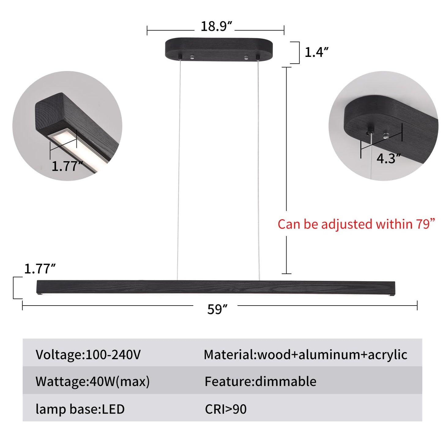 Yisdesign 59 Led Pendant Light 40W Dimmable With Remote Wood Linear Pendant Lighting Led Modern Chandelier Island Light With Black Finish For Living Room Dining Room Billiard & Pool Lights Black
