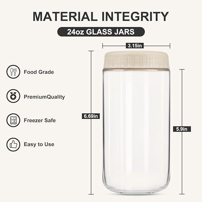 Overnight Oats Containers with Lids, 24oz Glass Jars with Lids 2 pcs, Apricot, Wide Mouth Mason jars for Salad, Yogurt, Snacks, Meal Prep