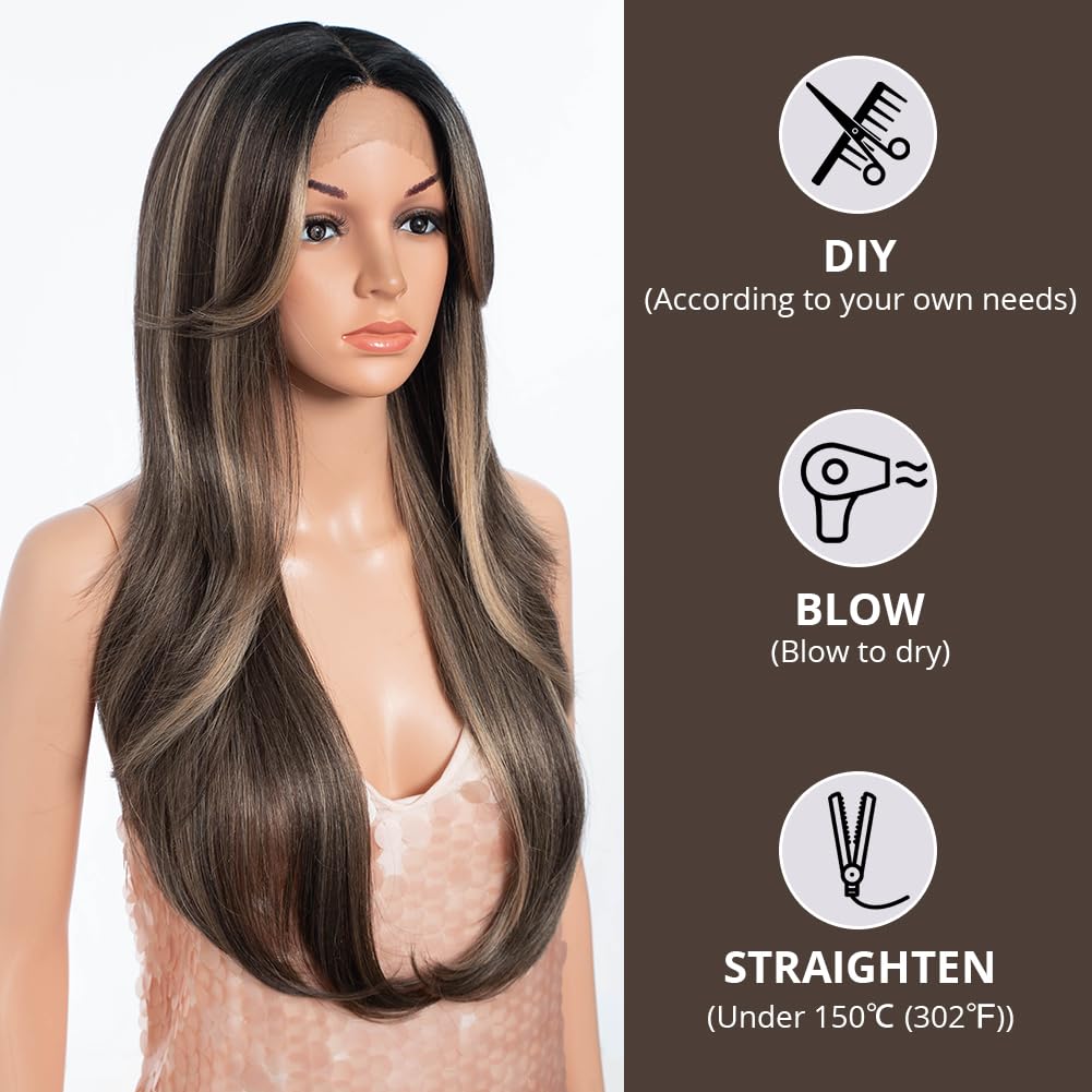 Style Icon 26 Synthetic Lace Front Wigs HD Lace Middle Part Wigs Long Straight Wigs for Women Pre Plucked Wigs with Bangs of Doo